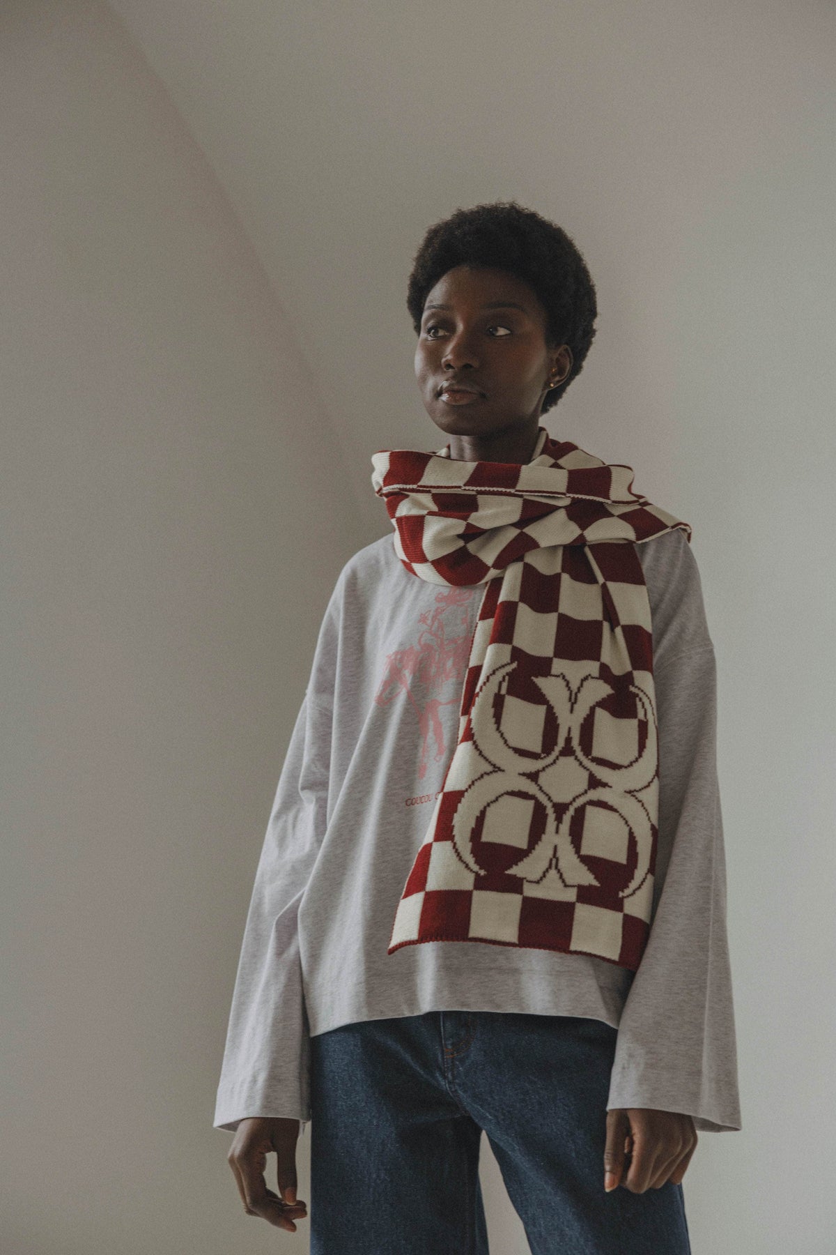 Coucou One size Ivy scarf - Plaid bordeaux with ecru checks