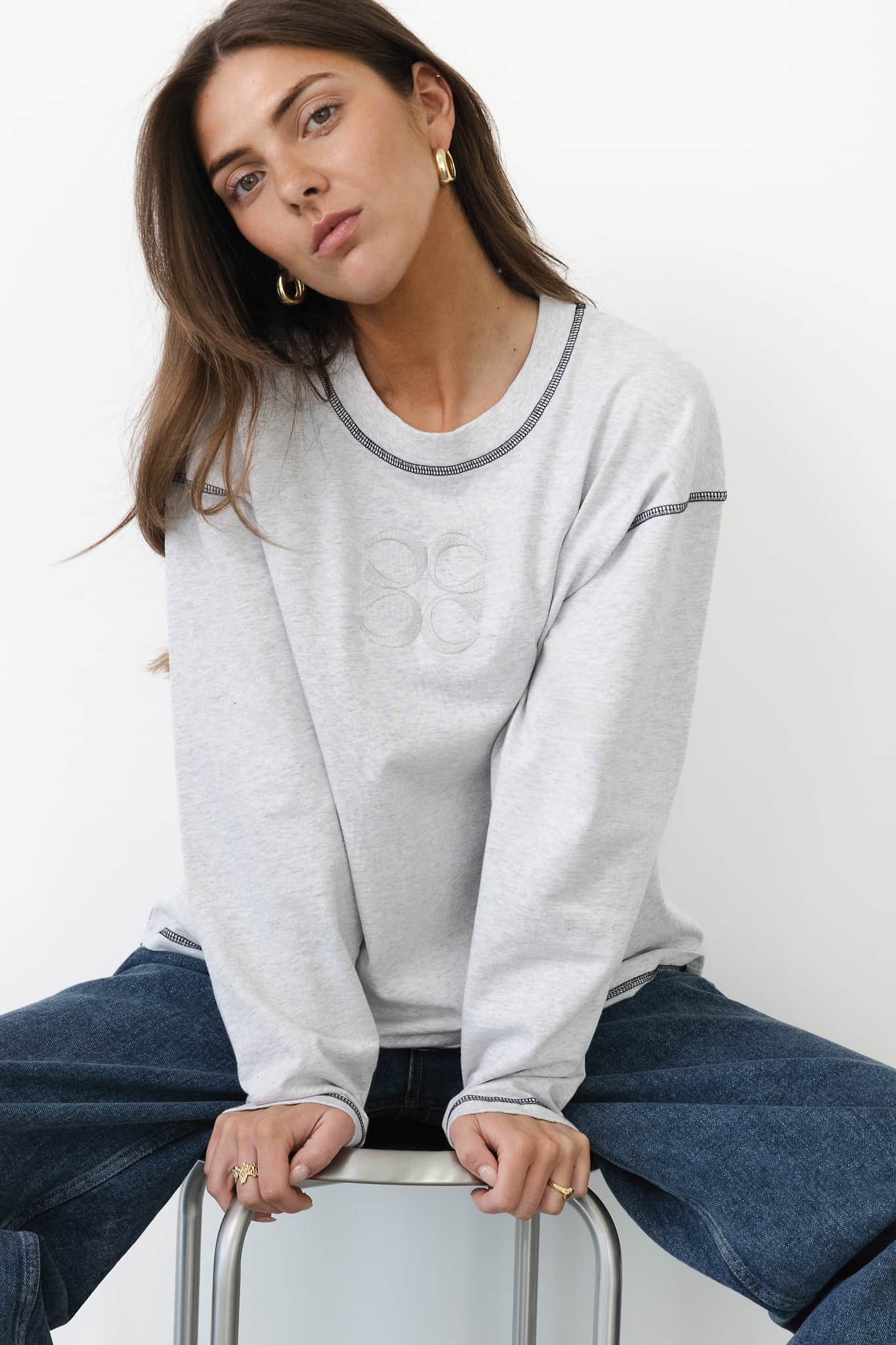 Coucou Gin tonic tee long sleeve - Light grey melange with navy stitching 