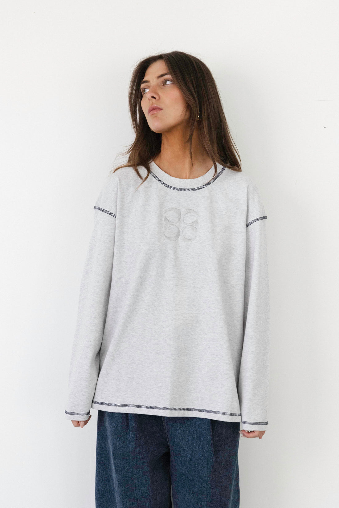 Coucou Gin tonic tee long sleeve - Light grey melange with navy stitching 
