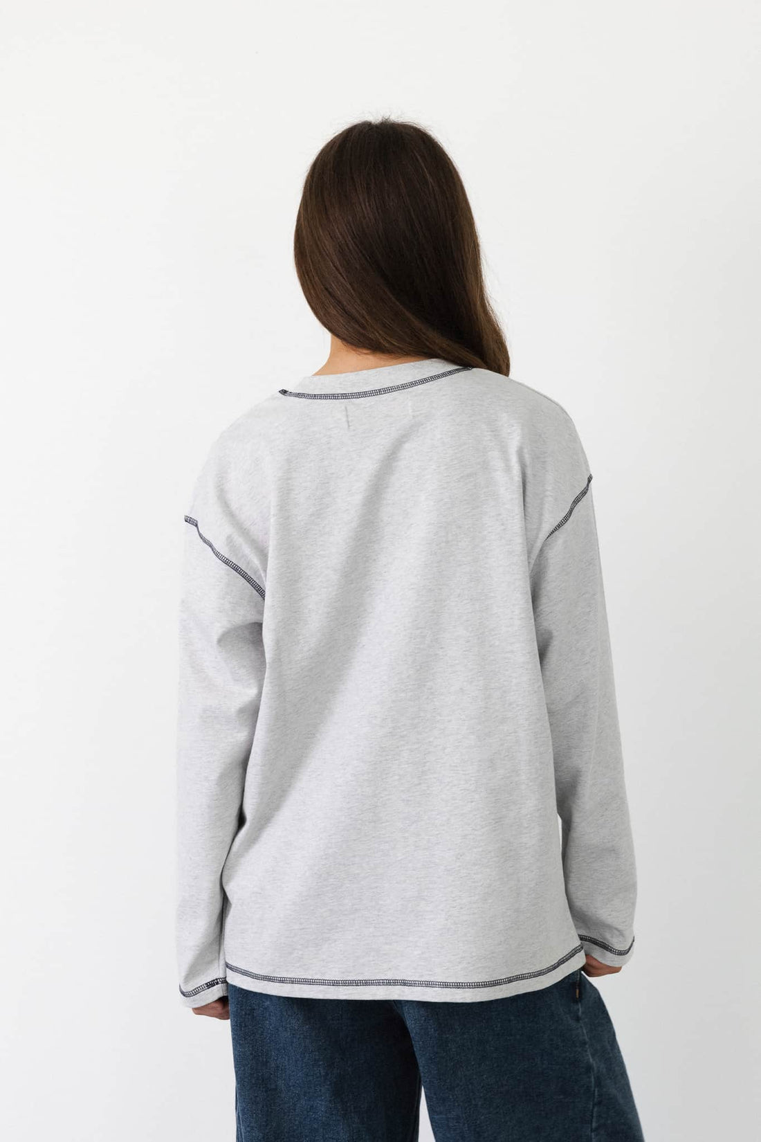Coucou Gin tonic tee long sleeve - Light grey melange with navy stitching 