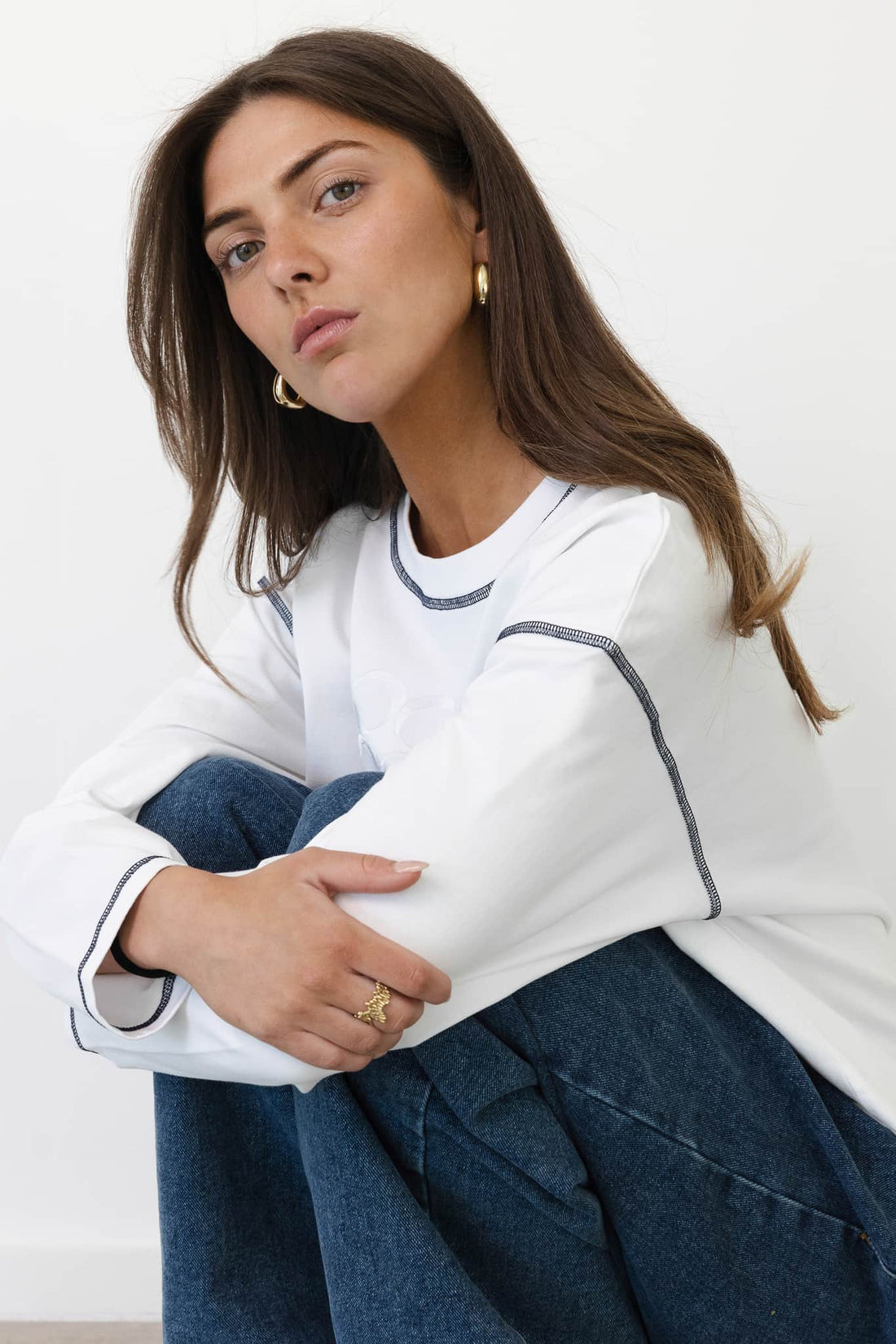 Coucou Gin tonic tee long sleeve - White with navy stitching 