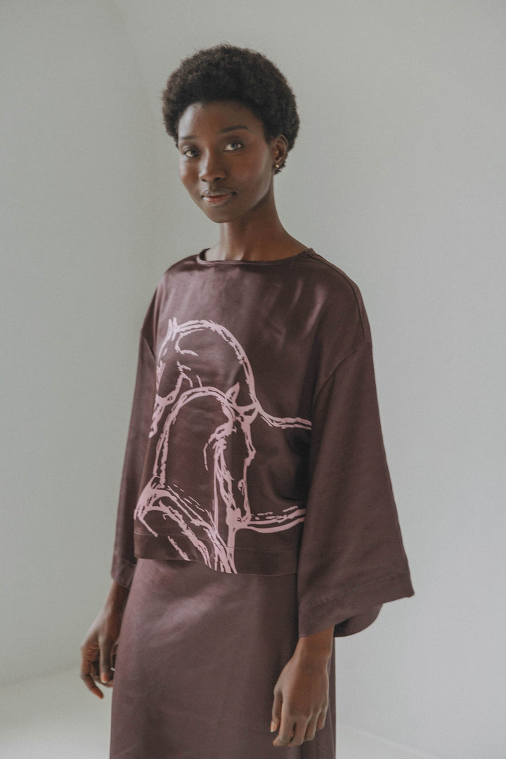 Coucou Martini blouse - Brown love horse print